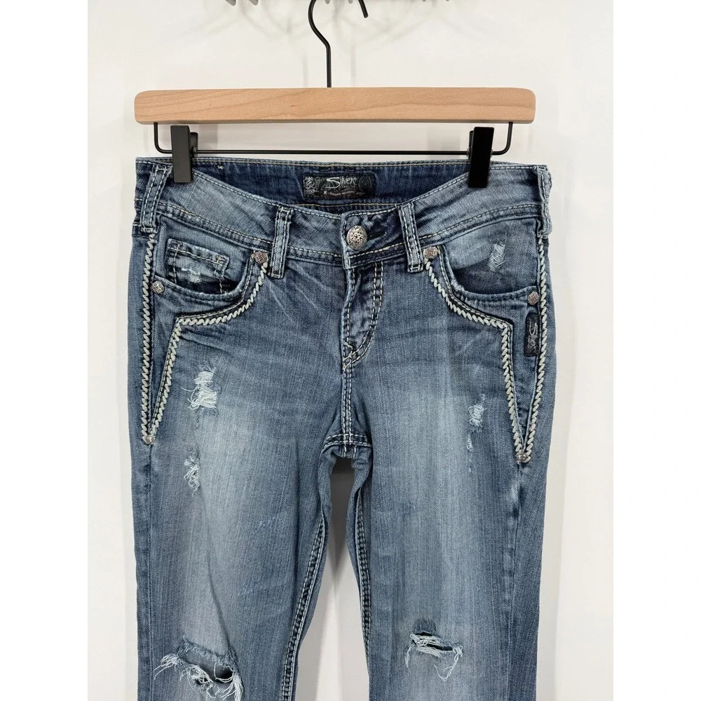 Silver‎ Jeans Suki Mid Bootcut Jeans Women W27 L33 Distressed Embellished - Picture 2 of 8